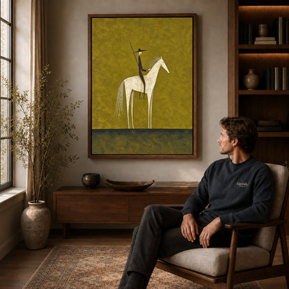 Folk horse canvas art in a walnut frame above a console beside a seated man.
