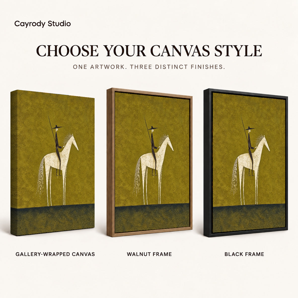 Folk horse canvas art compared across gallery-wrapped canvas, walnut frame, and black frame finishes.