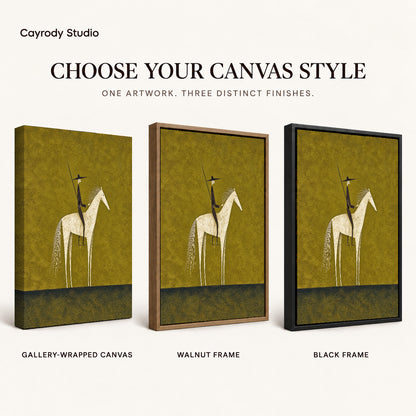 Folk horse canvas art compared across gallery-wrapped canvas, walnut frame, and black frame finishes.