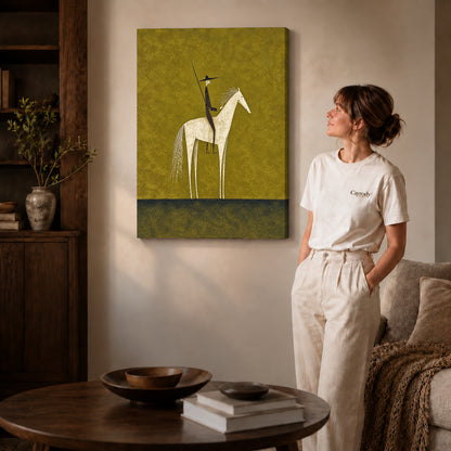 Folk horse canvas art shown in the gallery-wrapped option with visible depth and warm surroundings.