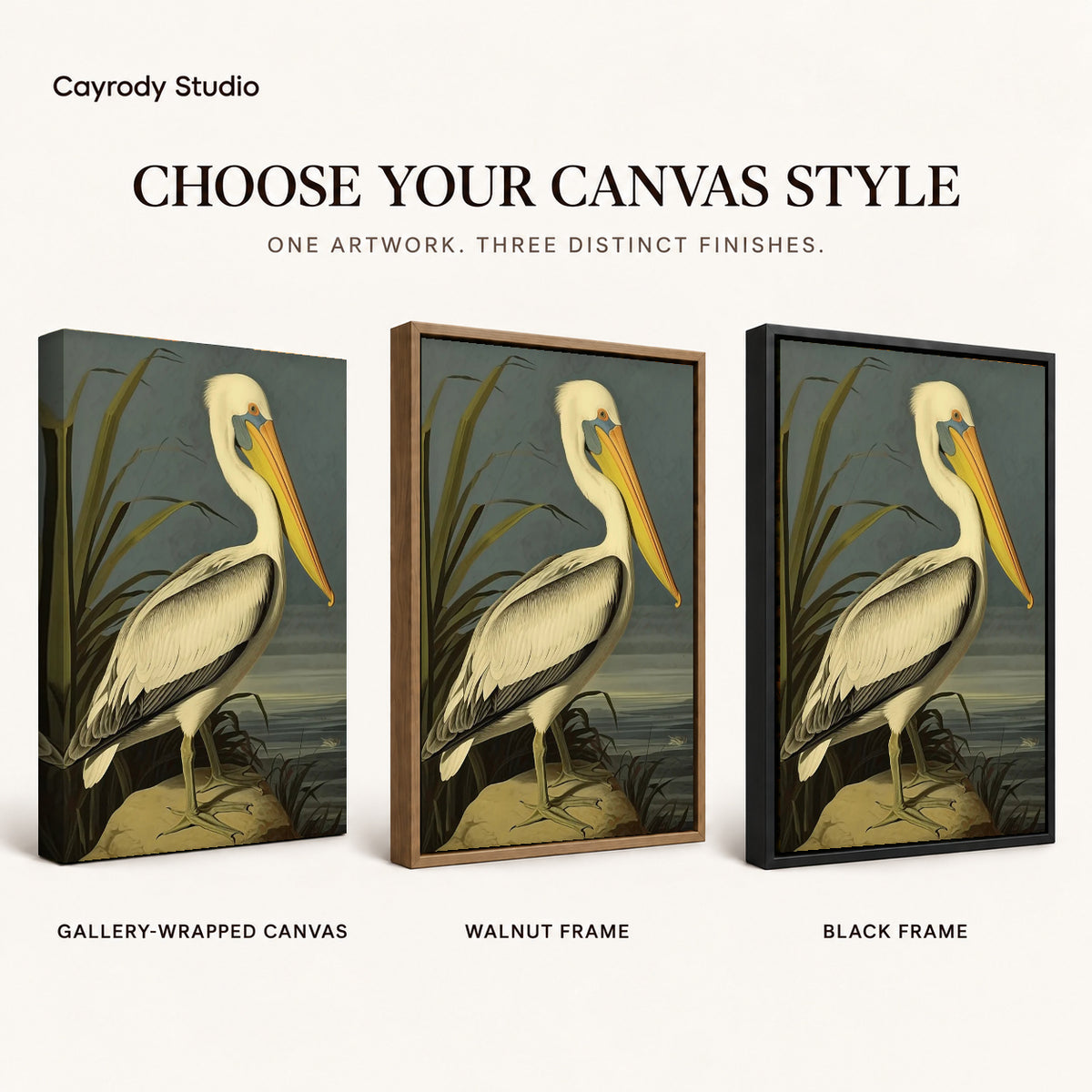 Vintage pelican canvas art compared across gallery-wrapped canvas, walnut frame, and black frame finishes.