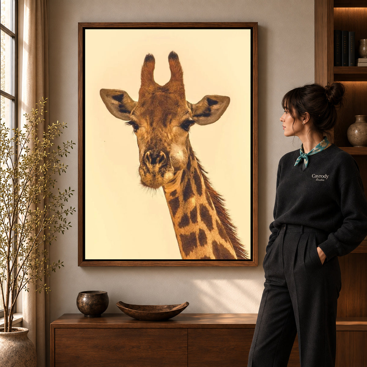 Giraffe canvas art in a walnut frame beside a standing woman and wooden console.