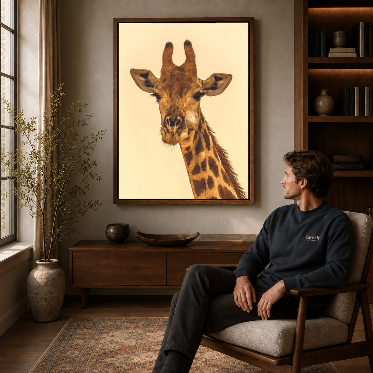Giraffe canvas art in a walnut frame above a console beside a seated man.