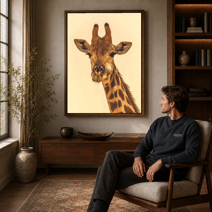 Giraffe canvas art in a walnut frame above a console beside a seated man.