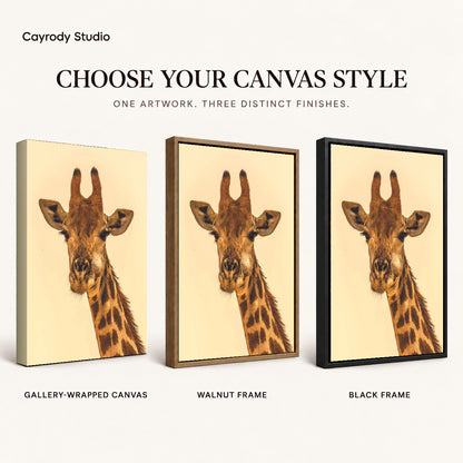 Giraffe canvas art compared across gallery-wrapped canvas, walnut frame, and black frame finishes.
