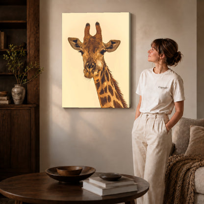 Giraffe canvas art shown in the gallery-wrapped option with visible depth and warm surroundings.