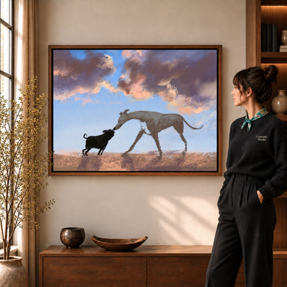Dog greeting canvas art in a walnut frame beside a standing woman and wooden console.