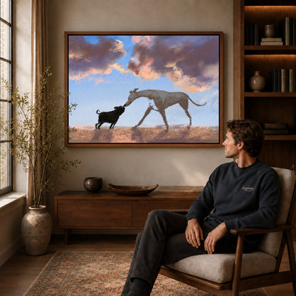 Dog greeting canvas art in a walnut frame above a console beside a seated man.
