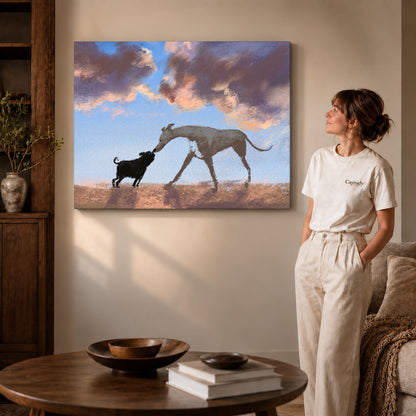 Dog greeting canvas art on gallery-wrapped canvas with visible edge depth beside a standing woman.