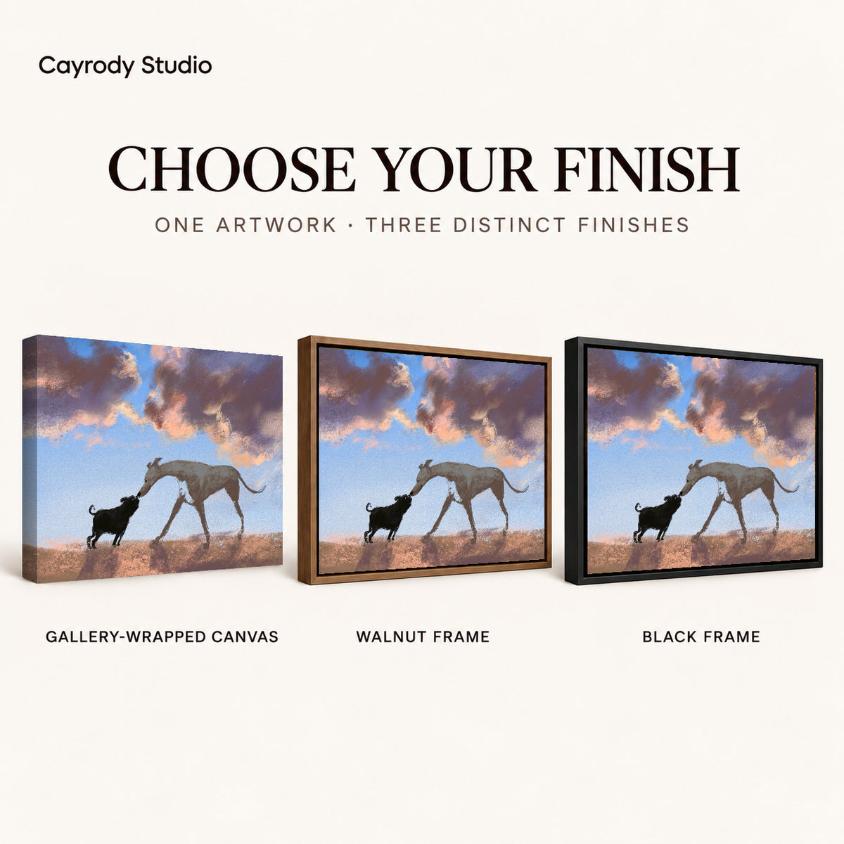 Dog greeting canvas art compared across gallery-wrapped canvas, walnut frame, and black frame finishes.
