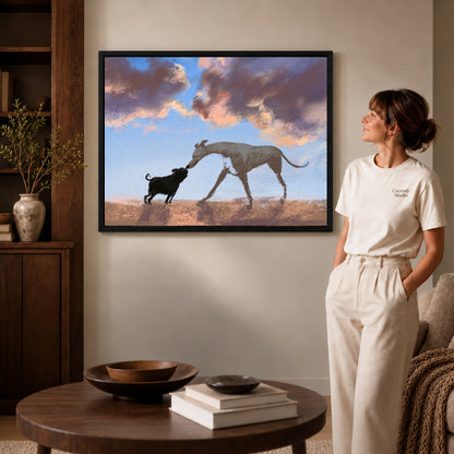 Dog greeting canvas art shown in the black frame option against a softly lit wall.
