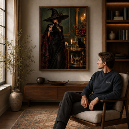 Gothic witch canvas art in a walnut frame beside a seated man in a warm interior.
