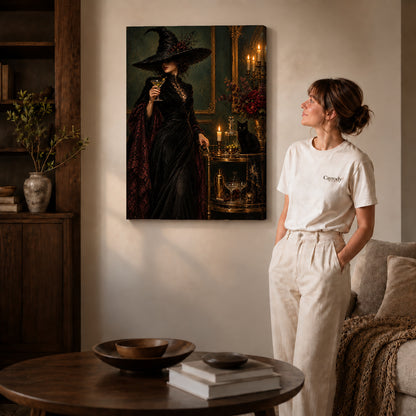 Gothic witch canvas art on gallery-wrapped canvas with visible edge depth beside a standing woman.
