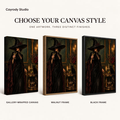Gothic witch canvas art displayed across gallery-wrapped canvas, walnut frame, and black frame finish examples.
