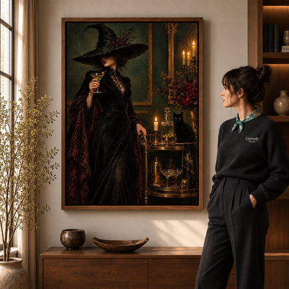 Gothic witch canvas art shown in the walnut option with warm wooden furniture and soft daylight.
