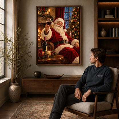 Santa wine canvas art in a walnut frame above a console beside a seated man.