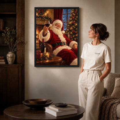 Santa wine canvas art in a black frame beside a woman and round wooden table.