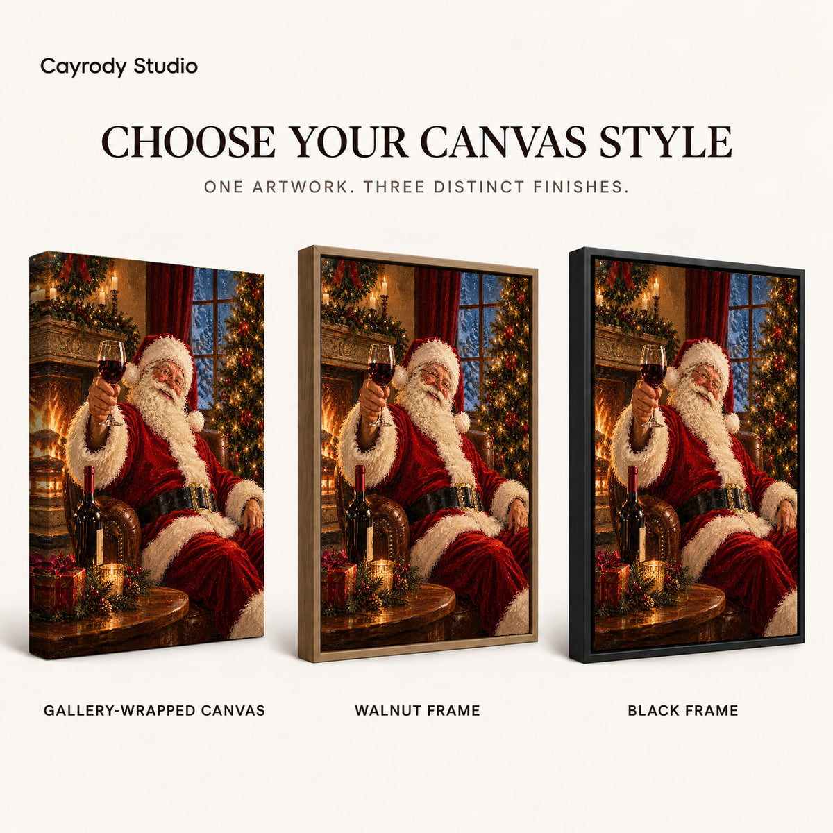 Santa wine canvas art compared across gallery-wrapped canvas, walnut frame, and black frame finishes.