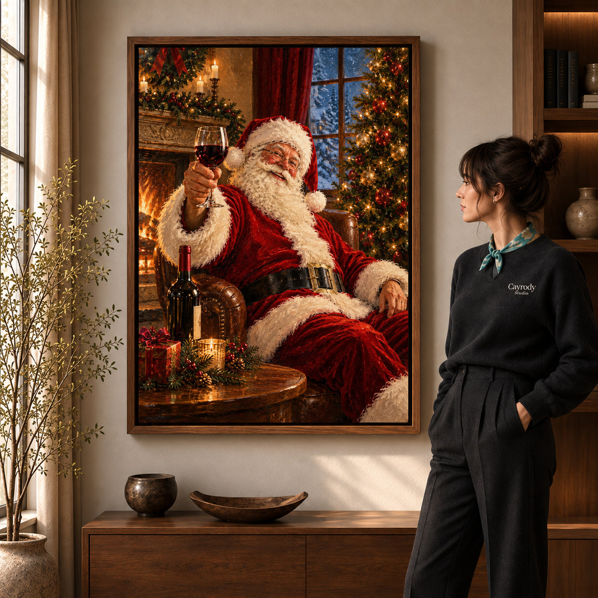 Santa wine canvas art shown in the walnut frame option within a warm living room.