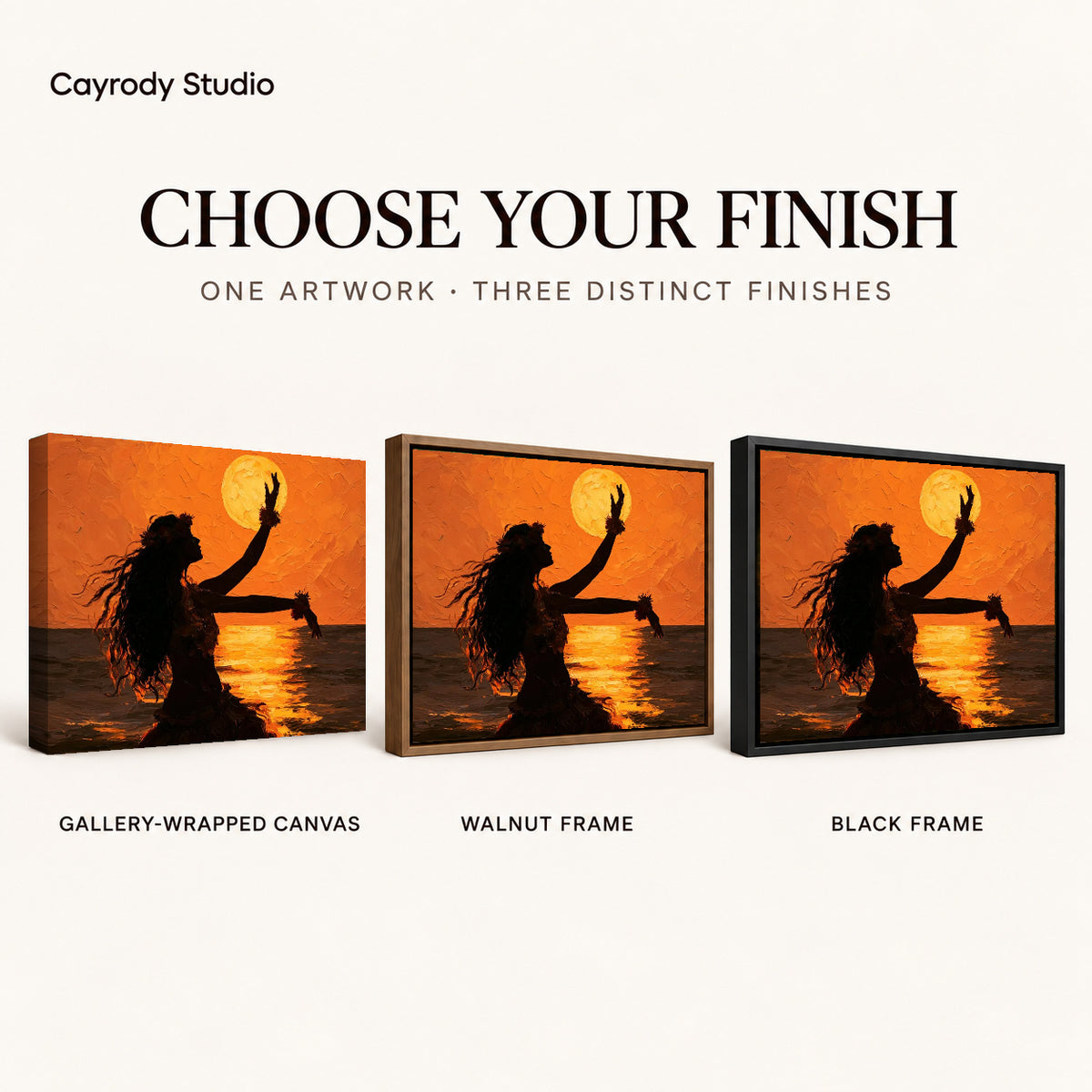 Sunset dancer canvas art compared across gallery-wrapped canvas, walnut frame, and black frame finishes.