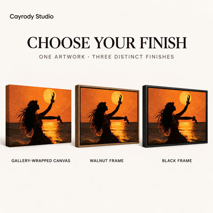 Sunset dancer canvas art compared across gallery-wrapped canvas, walnut frame, and black frame finishes.