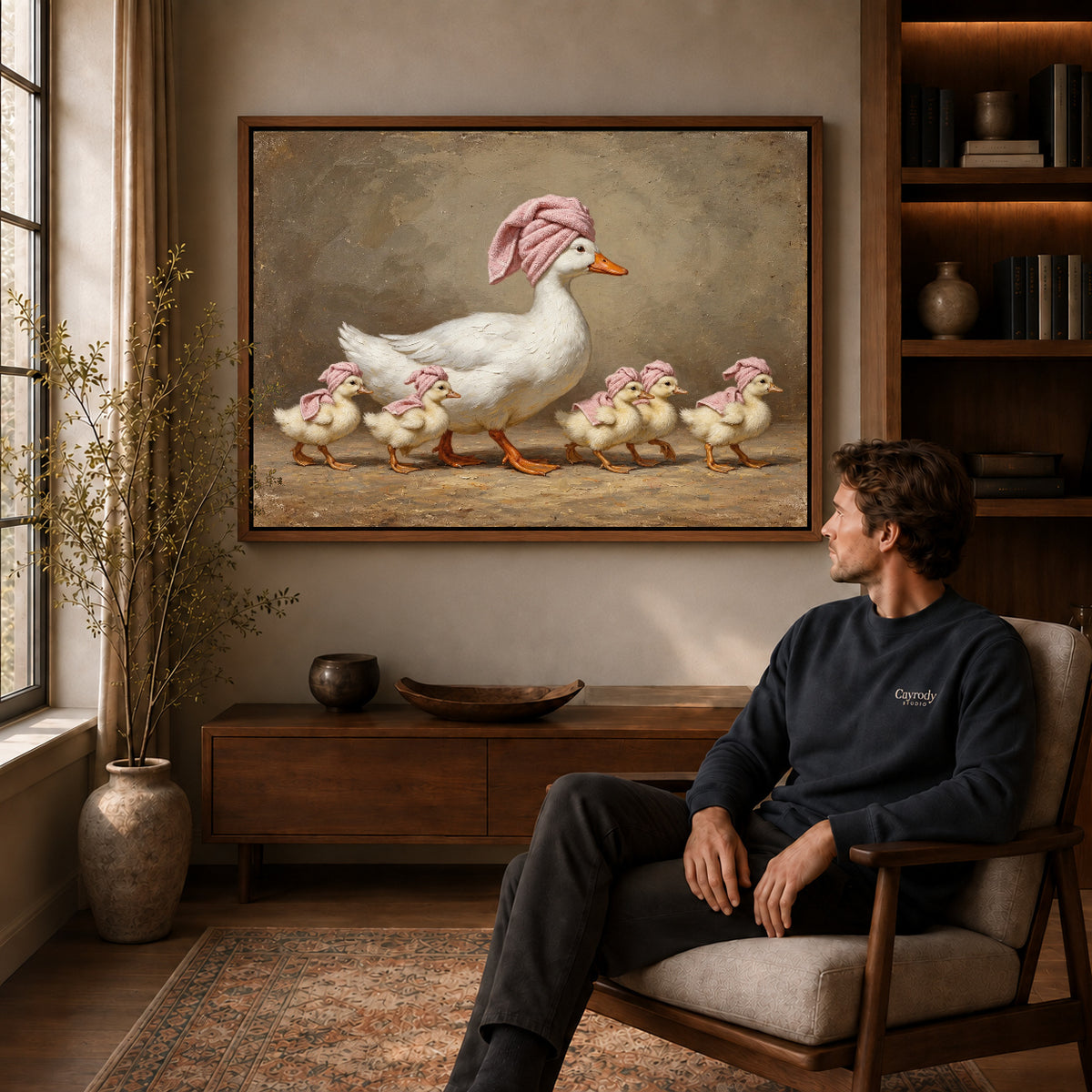 vintage spa duck family canvas art in a walnut frame above a console beside a seated man.