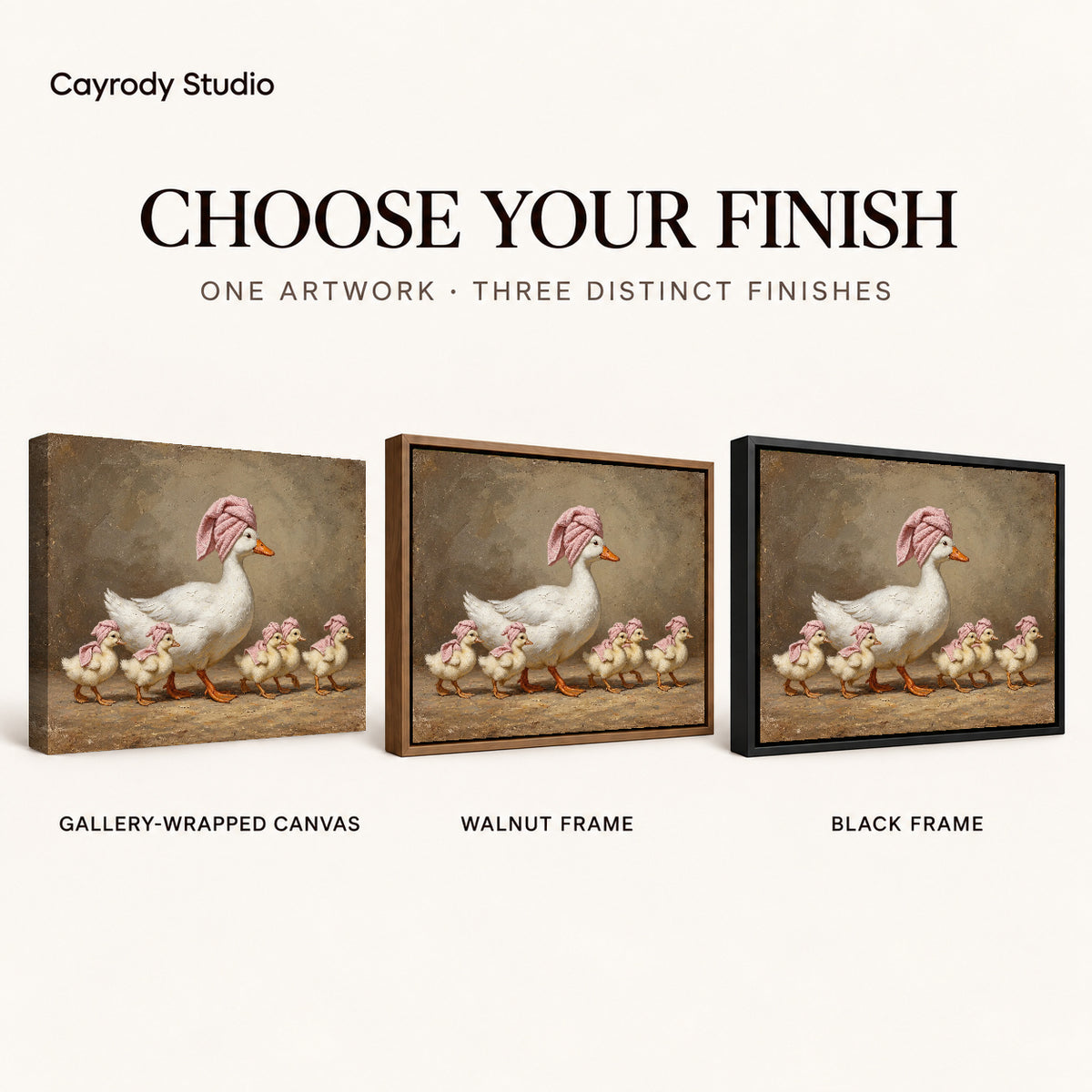vintage spa duck family canvas art compared across gallery-wrapped canvas, walnut frame, and black frame finishes.