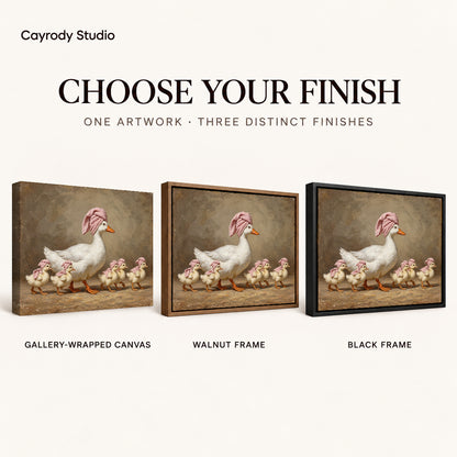 vintage spa duck family canvas art compared across gallery-wrapped canvas, walnut frame, and black frame finishes.