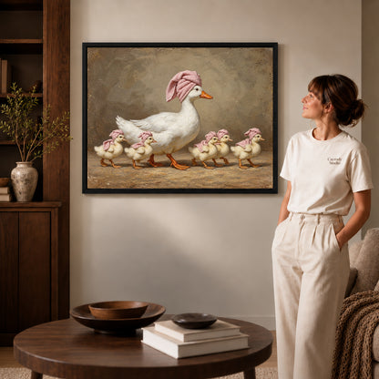 vintage spa duck family canvas art shown in the black frame option against a softly lit wall.