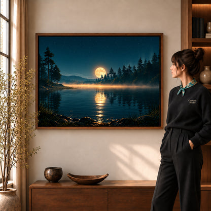 Forest moon canvas art in a walnut frame beside a standing woman and wooden console.