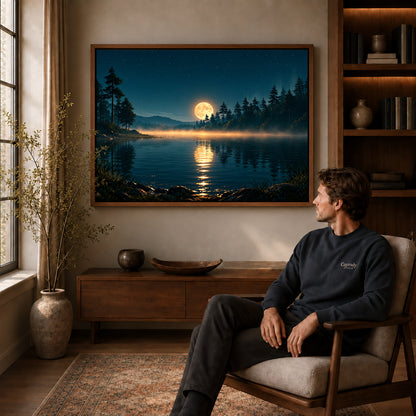 Forest moon canvas art in a walnut frame above a console beside a seated man.