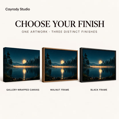 Forest moon canvas art compared across gallery-wrapped canvas, walnut frame, and black frame finishes.