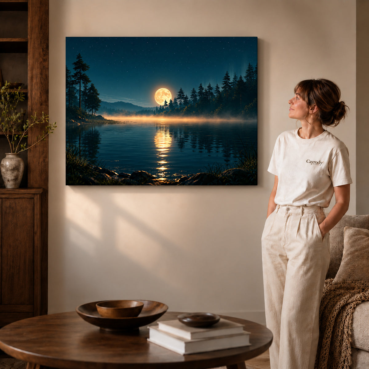 Forest moon canvas art shown in the gallery-wrapped option with natural side shading and warm surroundings.