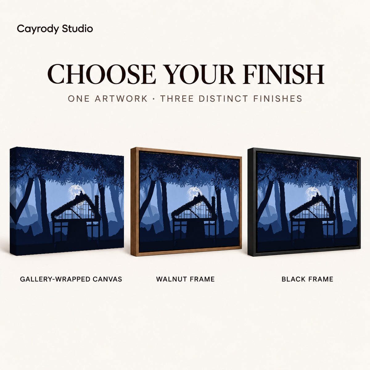 Moonlit cottage canvas art compared across gallery-wrapped canvas, walnut frame, and black frame finishes.