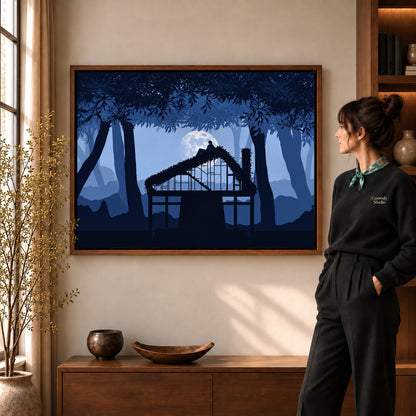 Moonlit cottage canvas art shown in the walnut frame option within a warm living room.