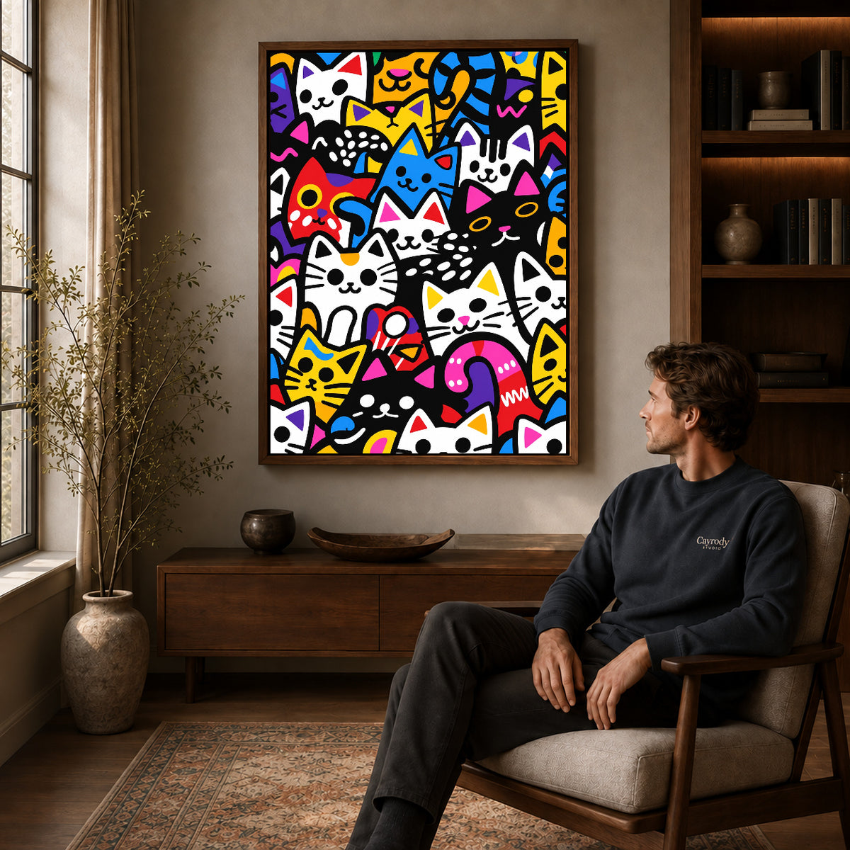Colorful Cat Collage canvas art in a walnut frame above a console beside a seated man.