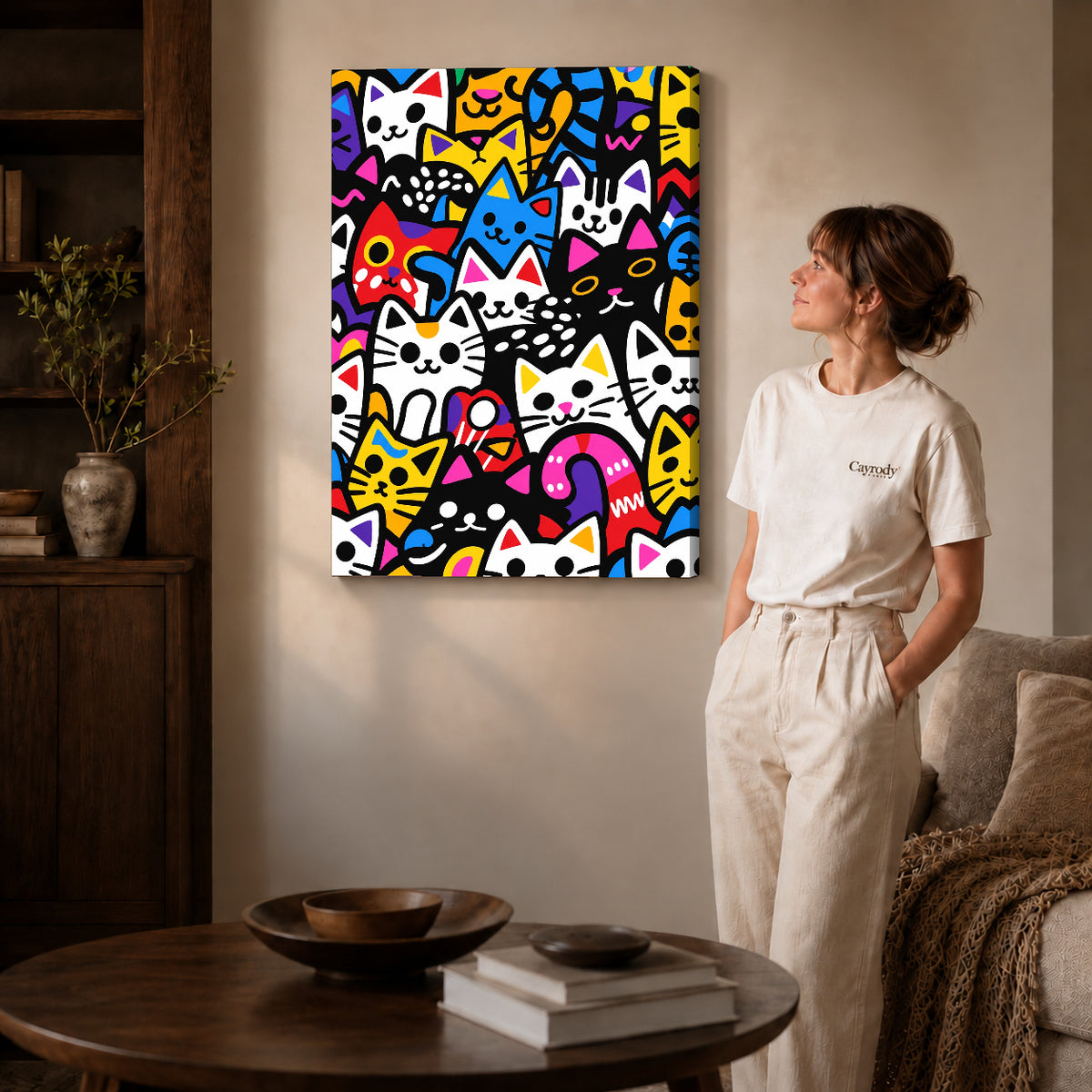 Colorful Cat Collage canvas art on gallery-wrapped canvas with natural edge shading beside a standing woman.
