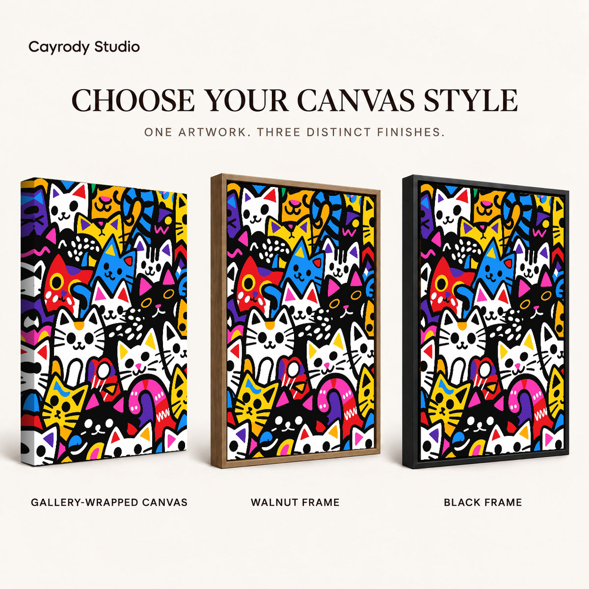 Colorful Cat Collage canvas art compared across gallery-wrapped canvas, walnut frame, and black frame finishes.