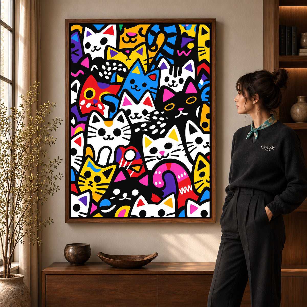 Colorful Cat Collage canvas art shown in the walnut frame option within a warm living room.