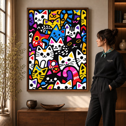 Colorful Cat Collage canvas art shown in the walnut frame option within a warm living room.