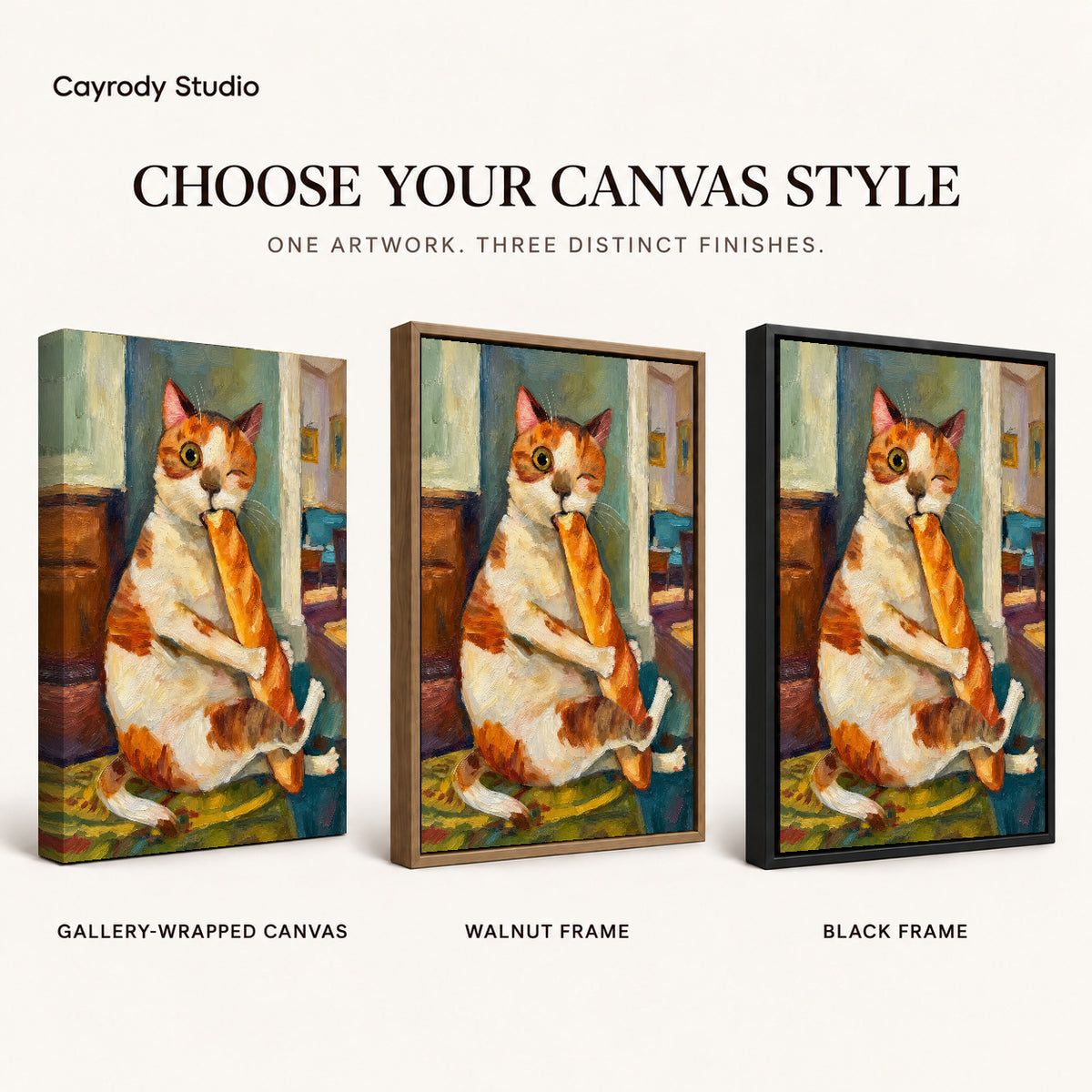 painterly baguette cat canvas art compared across gallery-wrapped canvas, walnut frame, and black frame finishes.