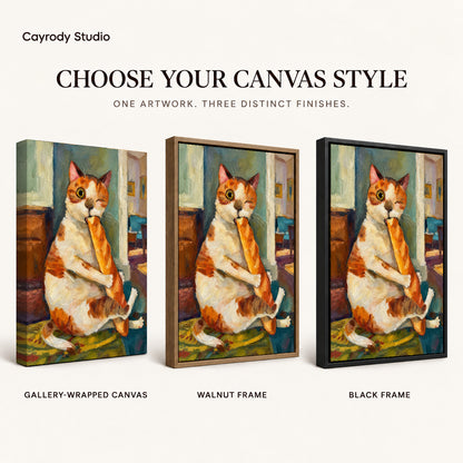 painterly baguette cat canvas art compared across gallery-wrapped canvas, walnut frame, and black frame finishes.