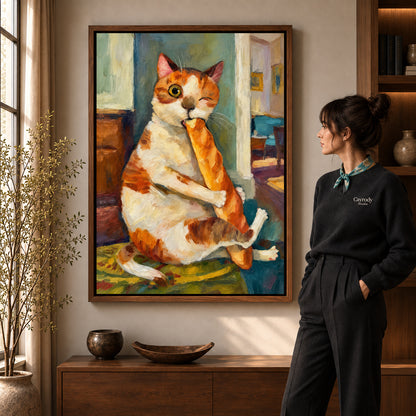 painterly baguette cat canvas art shown in the walnut frame option within a warm living room.