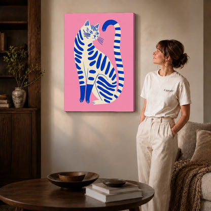 Striped cat canvas art on gallery-wrapped canvas with natural edge shading beside a standing woman.