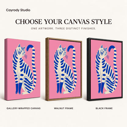 Striped cat canvas art compared across gallery-wrapped canvas, walnut frame, and black frame finishes.