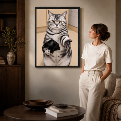 Empty Wallet Cat canvas art in a black frame beside a woman and round wooden table.