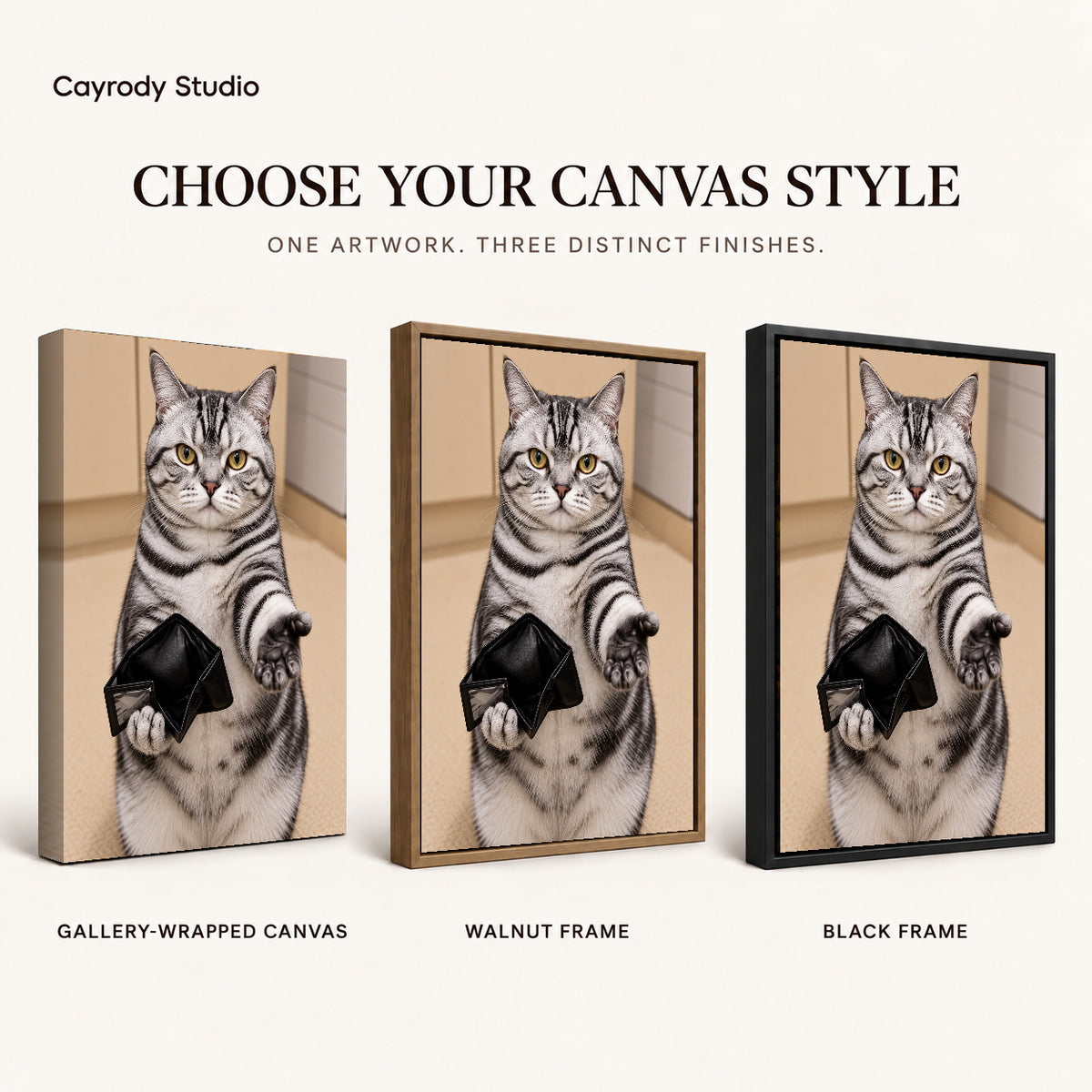 Empty Wallet Cat canvas art compared across gallery-wrapped canvas, walnut frame, and black frame finishes.