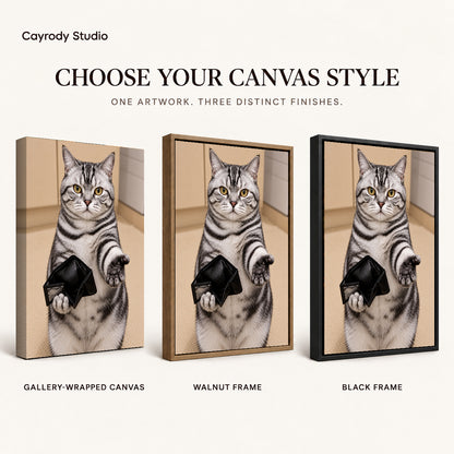 Empty Wallet Cat canvas art compared across gallery-wrapped canvas, walnut frame, and black frame finishes.