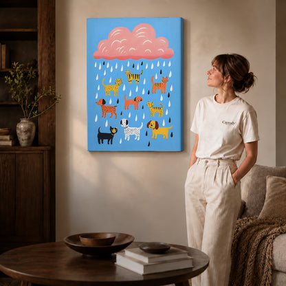 Raining pets canvas art shown in the gallery-wrapped option with visible depth and warm surroundings.