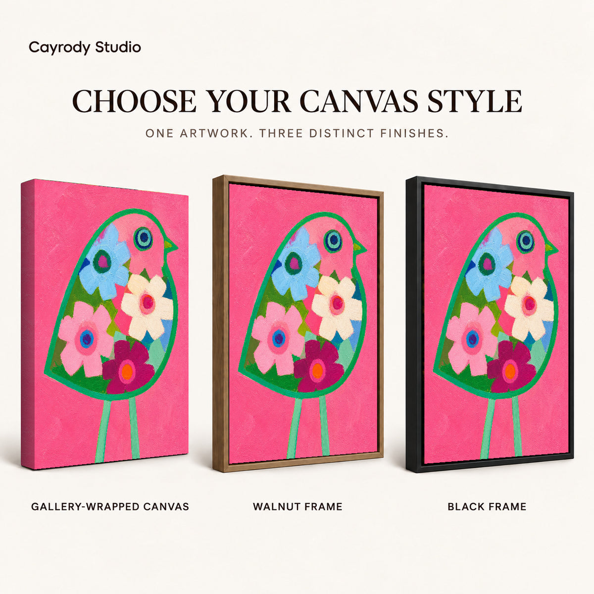 Floral bird canvas art compared across gallery-wrapped canvas, walnut frame, and black frame finishes.
